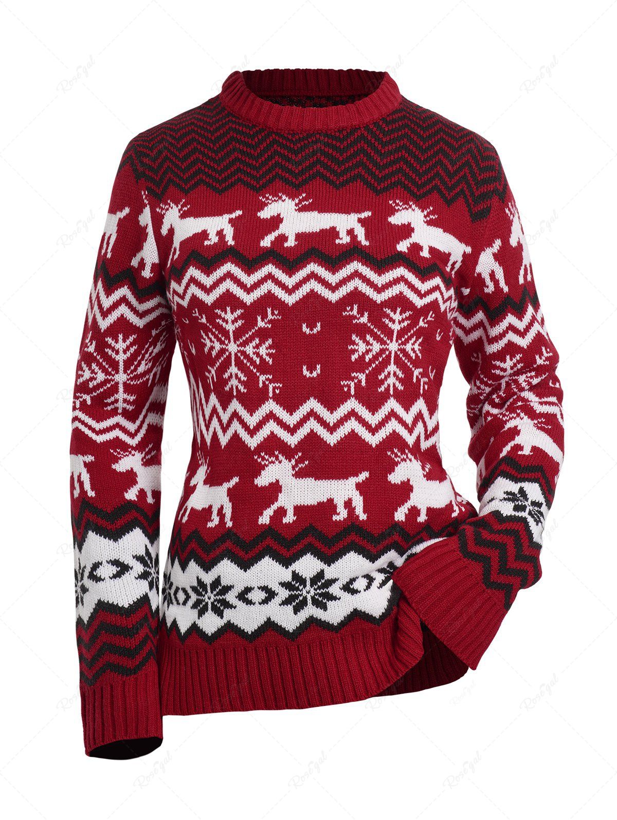 Fancy Christmas Elk Snowflake Chevron Graphic Crew Neck Sweater  