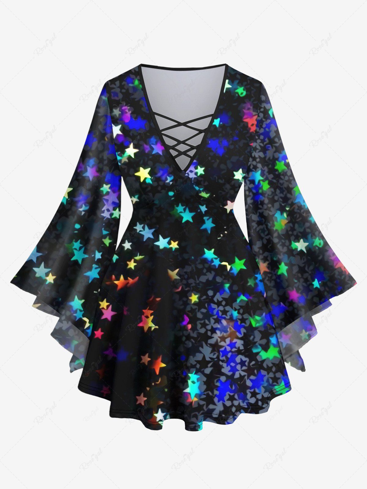 New Plus Size Glitter Colorful Stars Bowknot Print Flare Sleeves Ombre Lattice Top  