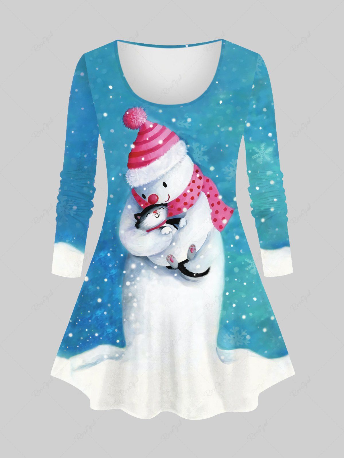 T-shirt Chat Chapeau de Noël et Flocon de Neige Imprimés à Manches Longues de Grande Taille Bleu 4X