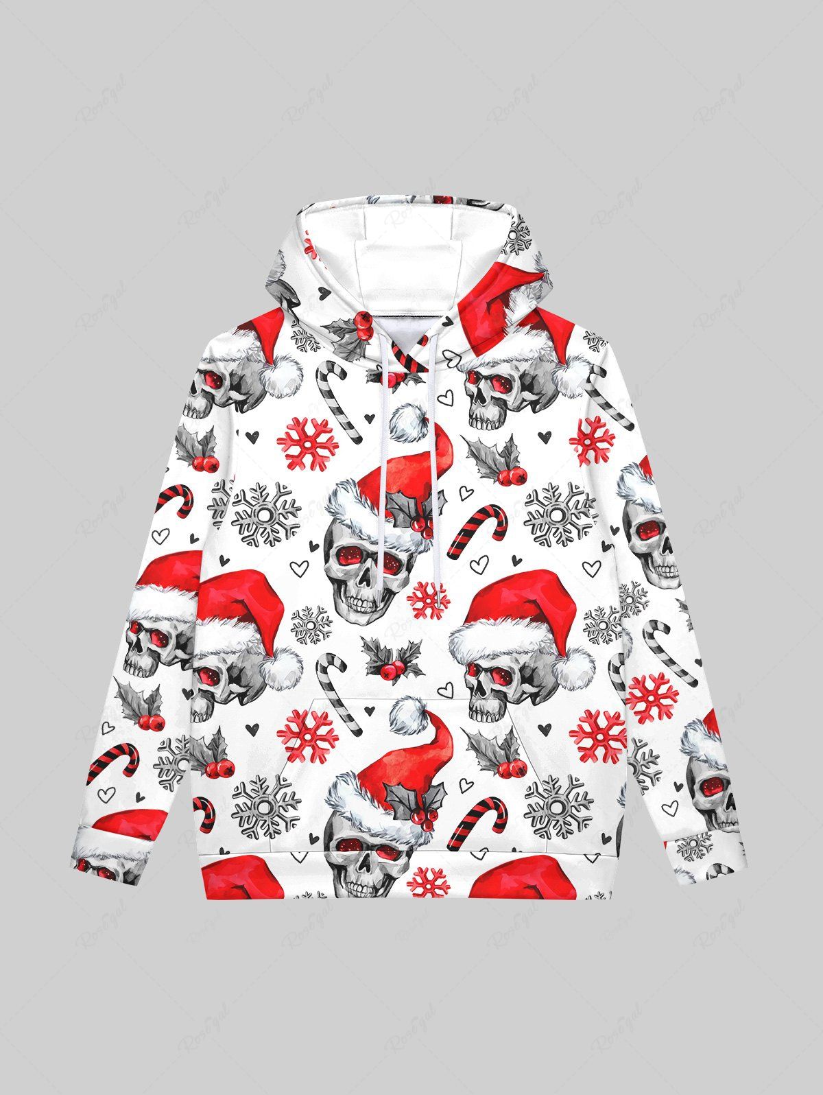 Shop Gothic Christmas Hat Skull Candy Snowflake Heart Print Fleece Lining Drawstring Hoodie For Men  
