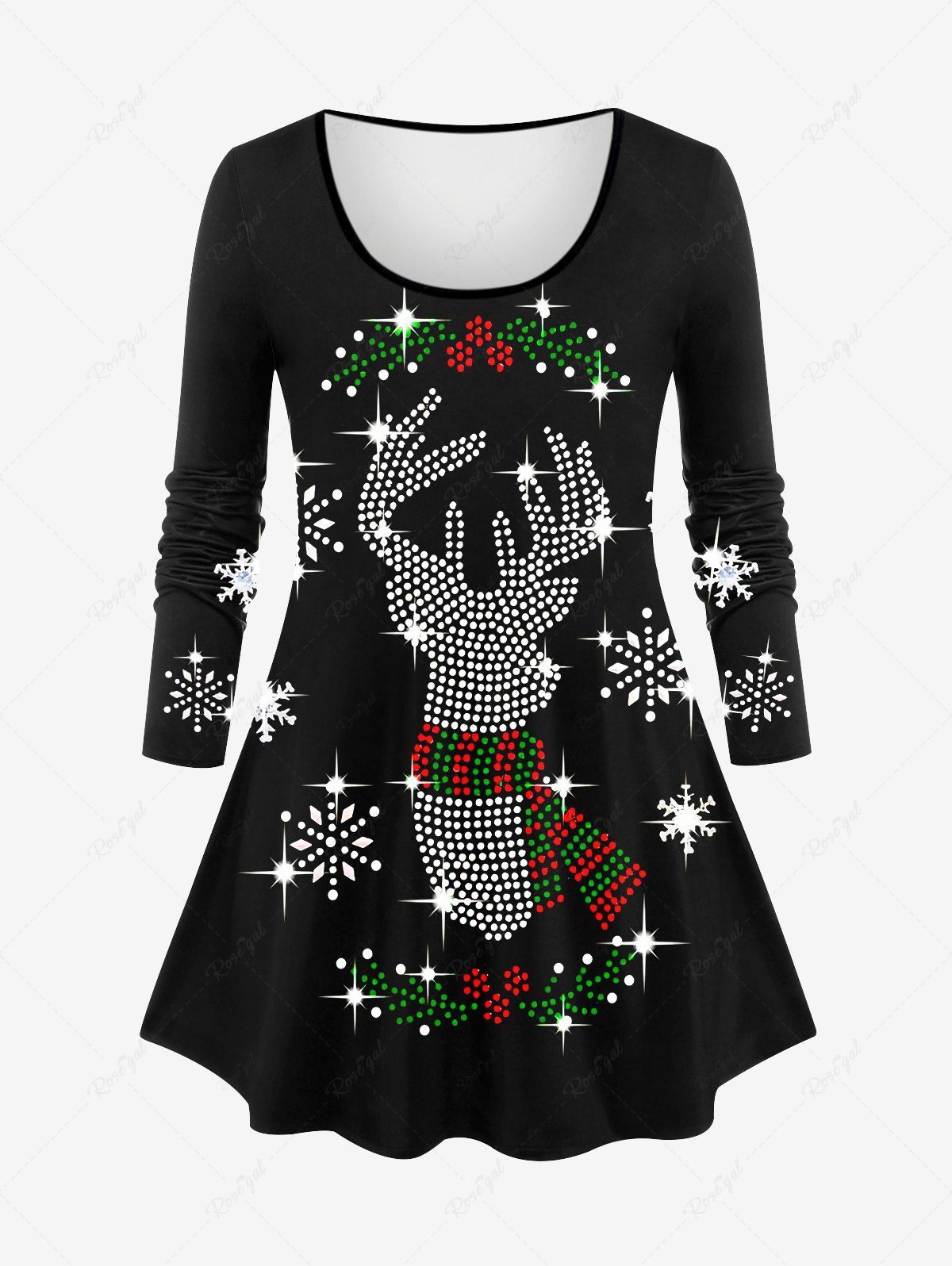 T-shirt Brillant Flocon de Neige et Cerf de Noël Imprimés de Grande Taille à Manches Longues Noir S