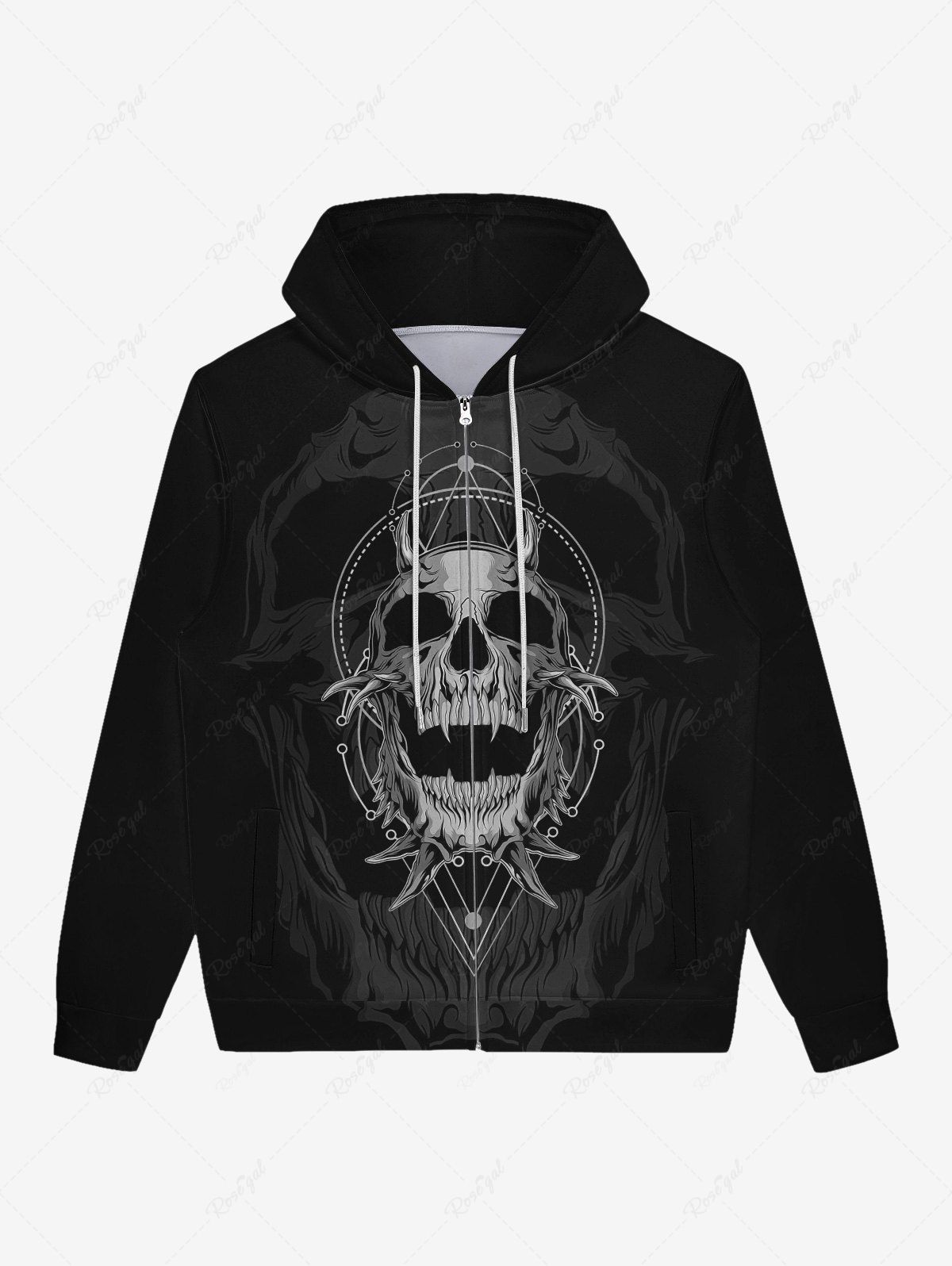 Shops Gothic Skeleton Skull Geometric Graphic Print Zip Up Pockets Hoodie For Men  