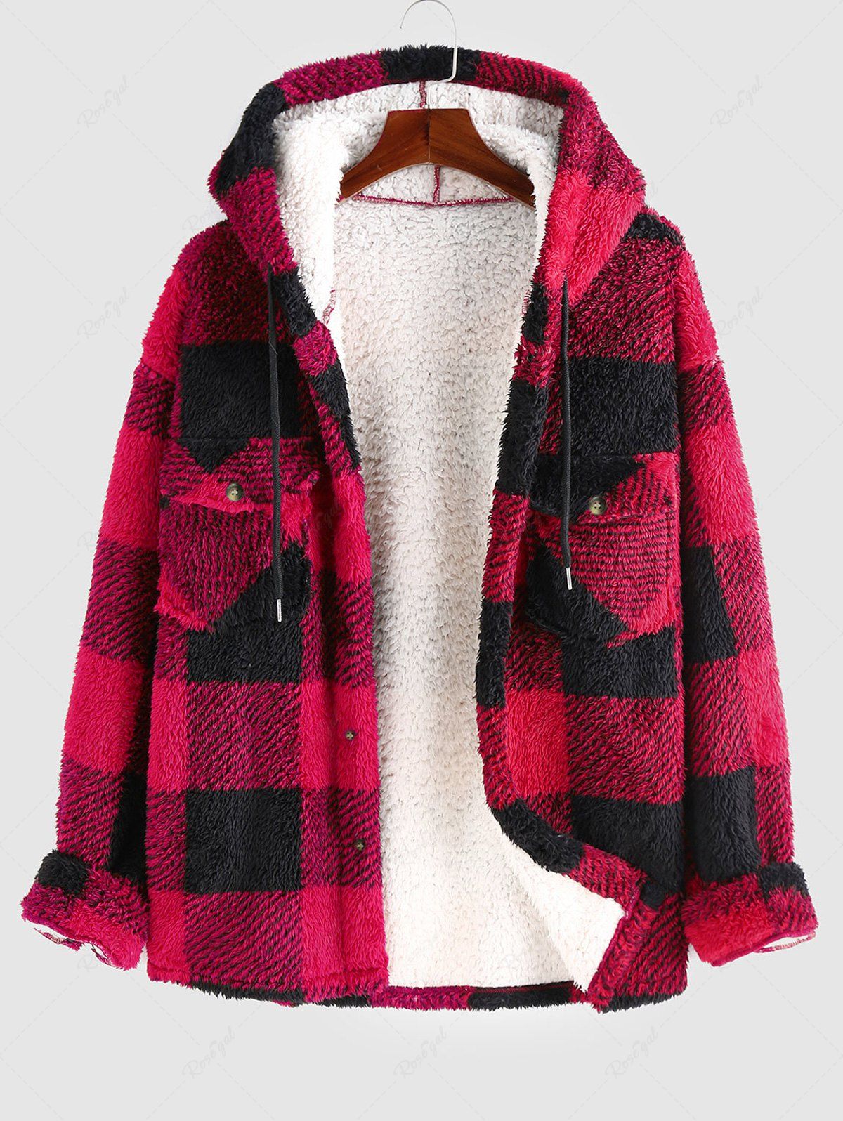 New Men's Checkerboard Plaid Pattern Winter Warmth Fluffy Faux Fur Hooded Jacket  