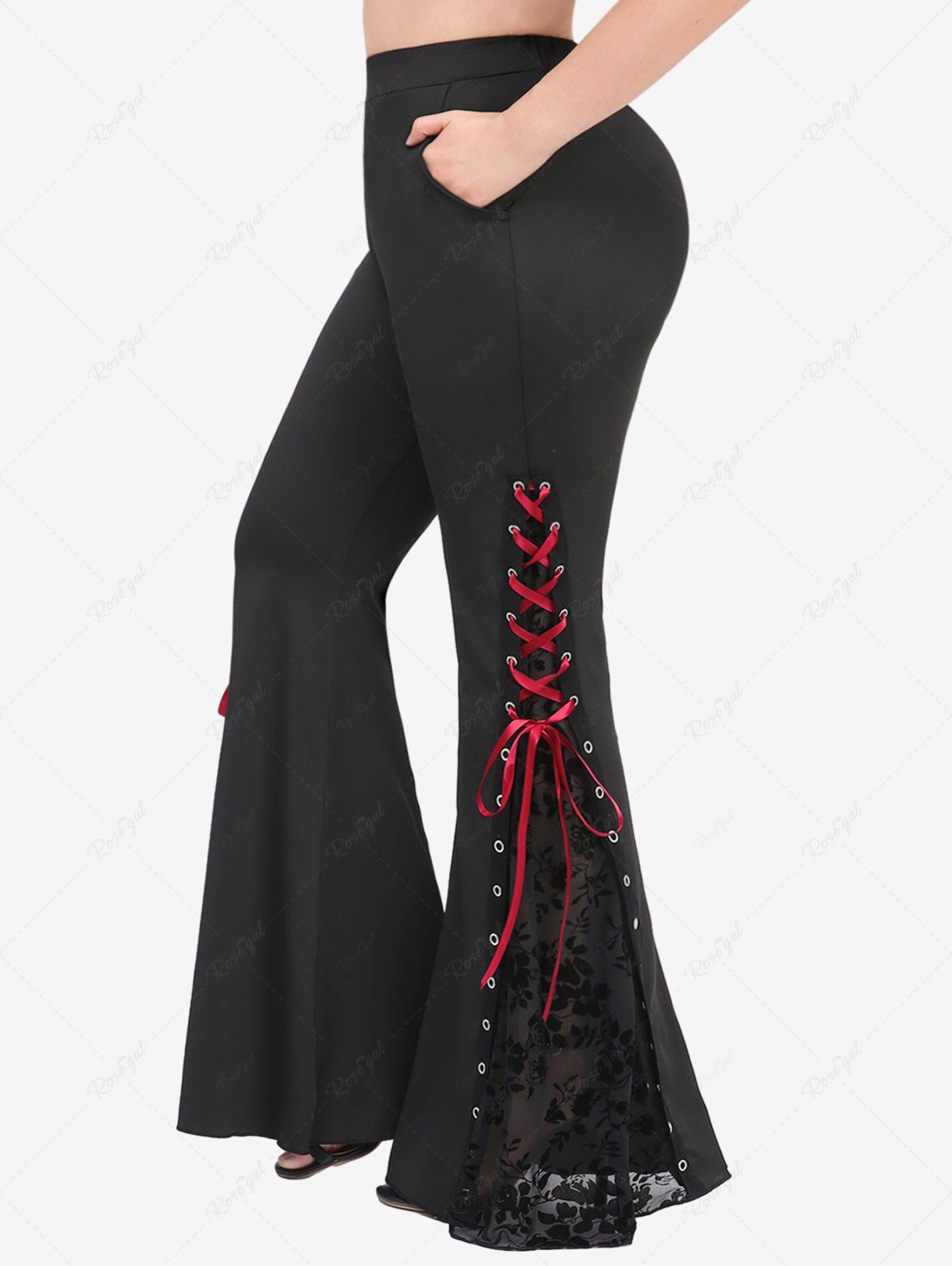 Plus Size Floral Lace Panel Flocking Lace-up Grommet Pockets
