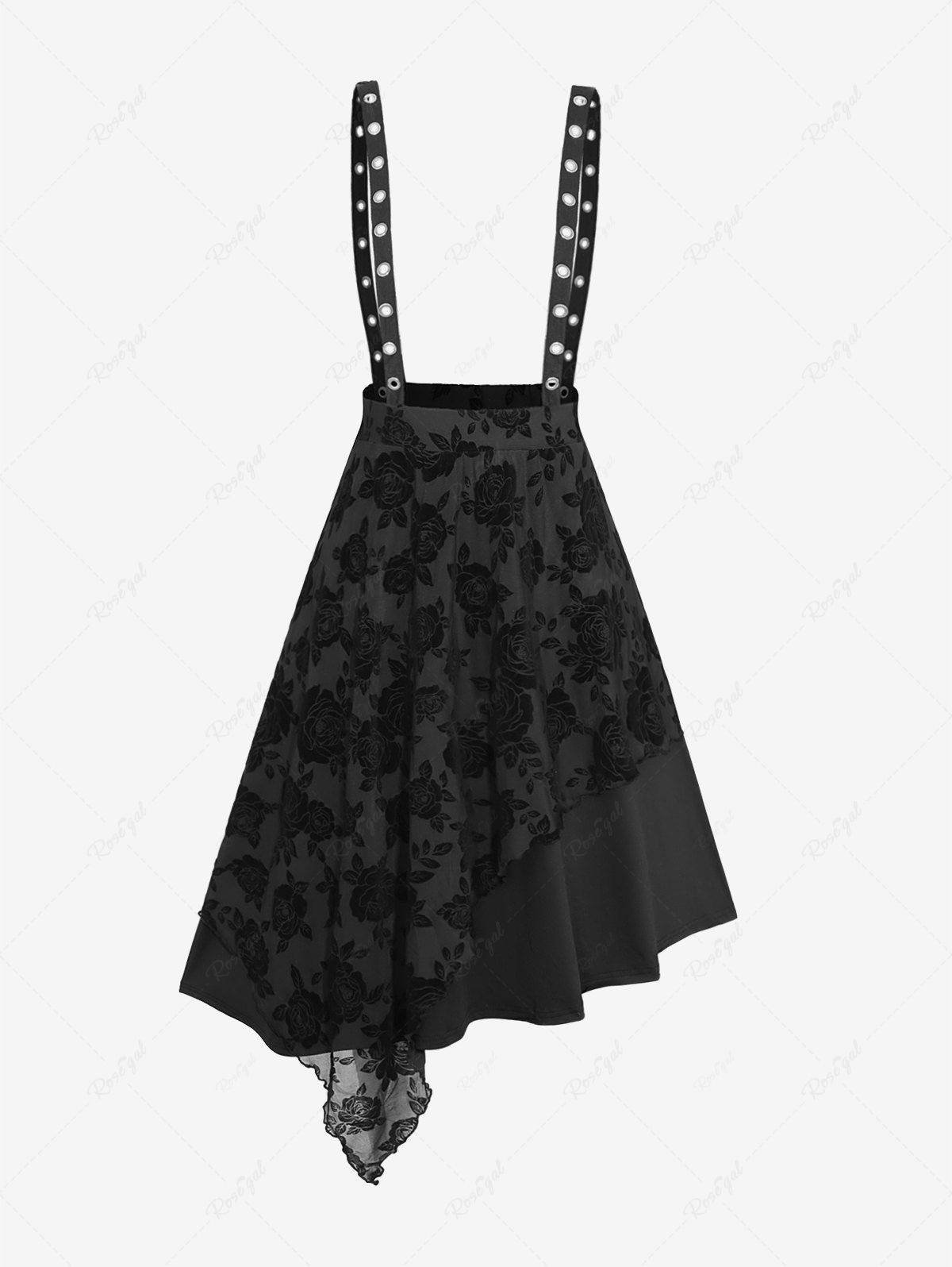 Fashion Plus Size Rose Flower Mesh Flocking Layered Grommet Asymmetric A Line Suspender Skirt  