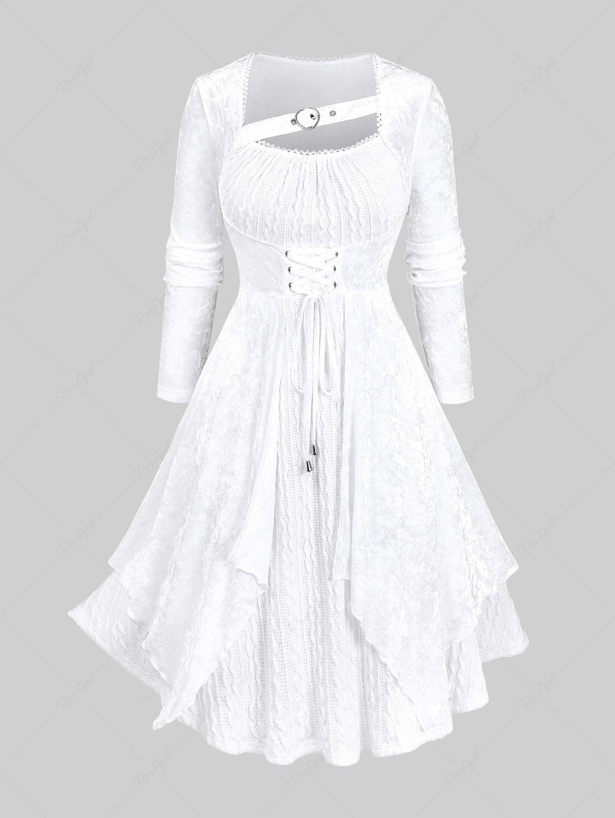 Sale Plus Size Grommets Lace-up Asymmetrical Velvet Layered Lace Trim Cable Knit Textured Sweater Dress  