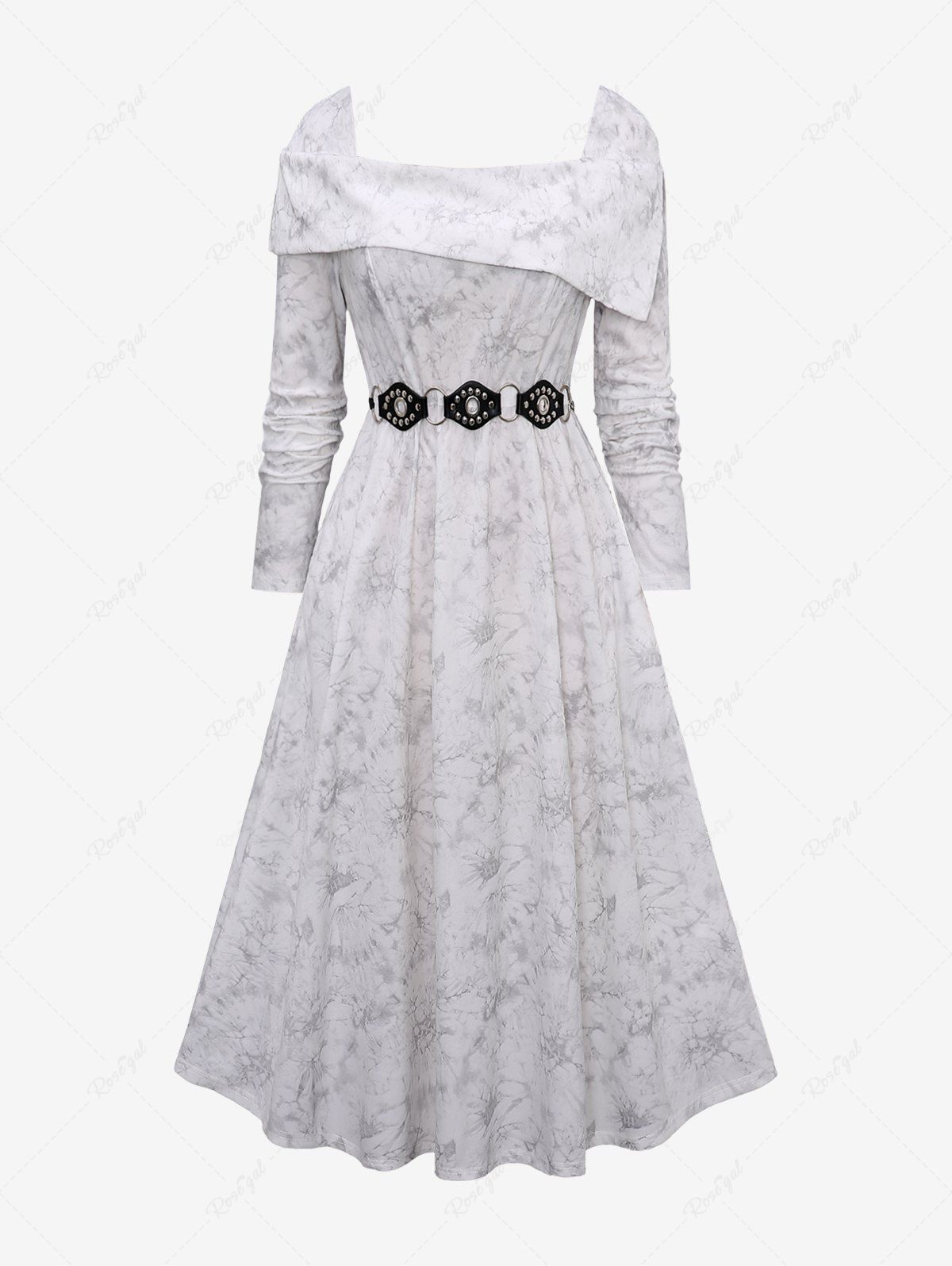Trendy Plus Size Turn Down Shawl Neck Rivet Belted Pocket Velvet A Line Midi Casual Dress  