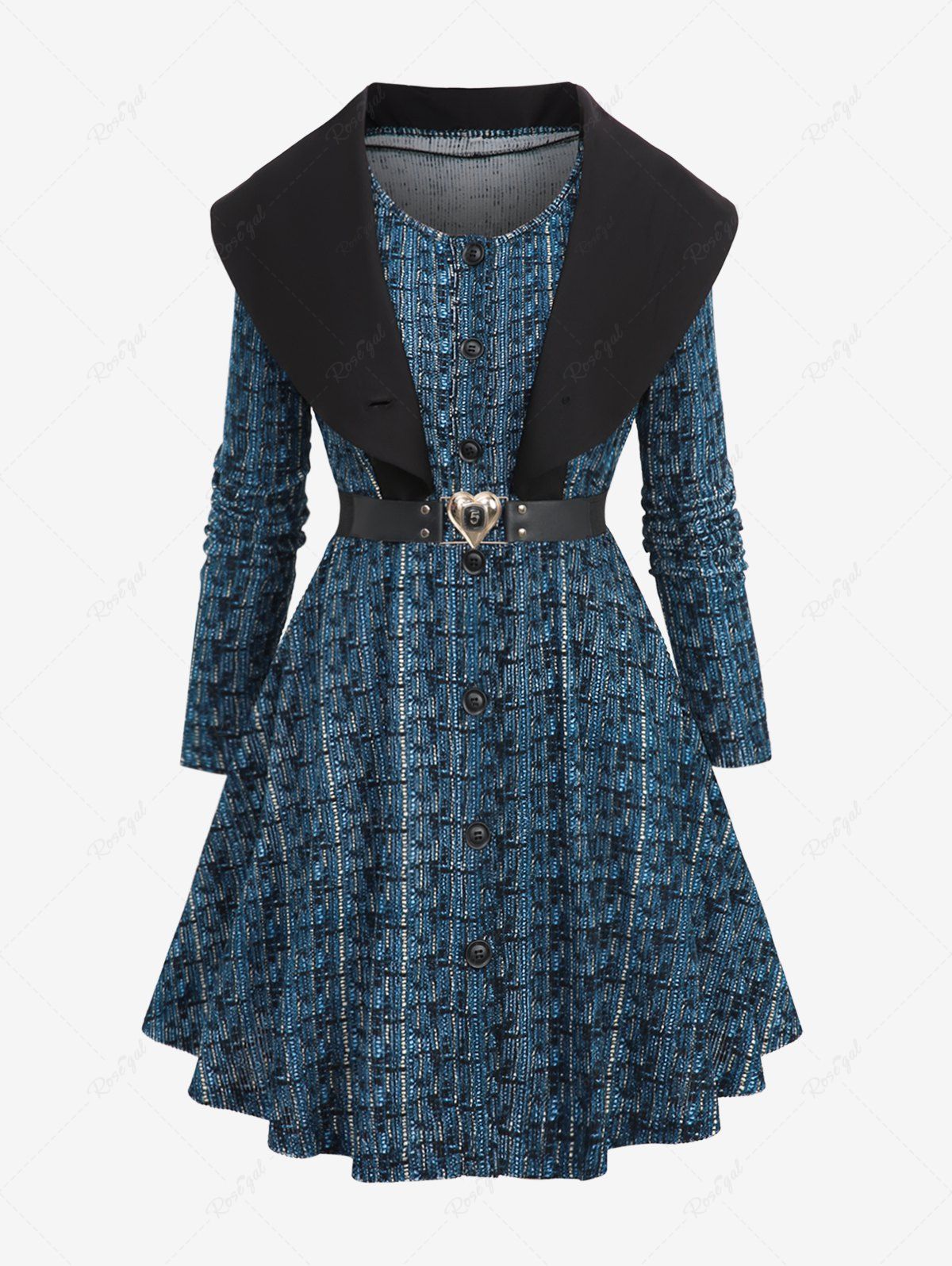 Chic Plus Size Turndown Collar Heart Buckle Buttons Belt Blue Black Velvet Tweed Trench Coat  