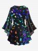 Plus Size Glitter Colorful Stars Bowknot Print Flare Sleeves Ombre Lattice Top -  