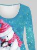 T-shirt Chat Chapeau de Noël et Flocon de Neige Imprimés à Manches Longues de Grande Taille - Bleu S