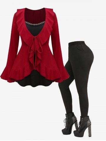 Ruffles Tied Eyelash Lace Trim Rivet 2 In 1 T-shirt and Pockets Fleece Leggings Plus Size Outfit - RED