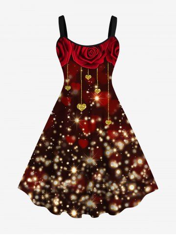 Plus Size Glitter Sparkling Rose Flower Heart Print Valentines Ombre A Line Tank Party Dress - DEEP RED - XS