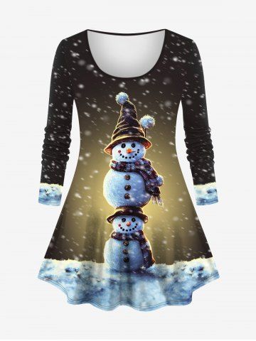 Plus Size Christmas Cute Snowman Snowflake Print Ombre Long Sleeves T-shirt - MULTI-A - S