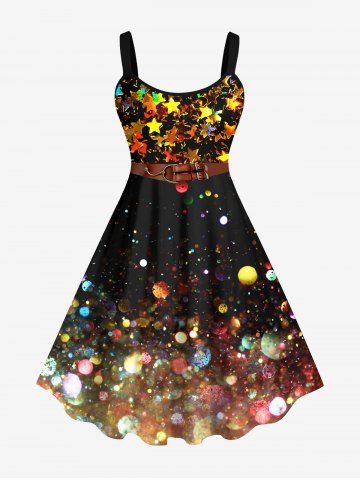 Plus Size Galaxy Bubble Stars Sparkling Sequin Glitter Belt 3D Print Tank Party Dress - MULTI-A - L