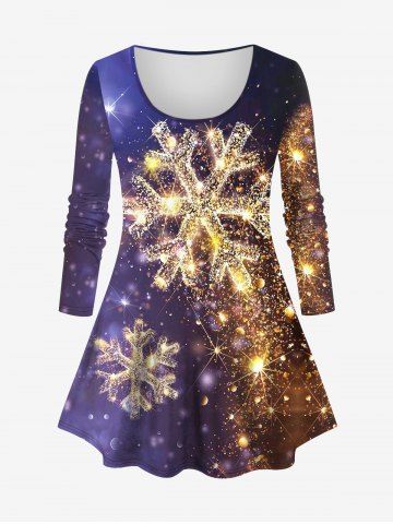 Plus Size Christmas Galaxy Colorblock Snowflake Sparkling Sequin Glitter 3D Print Long Sleeve T-shirt - PURPLE - 2X