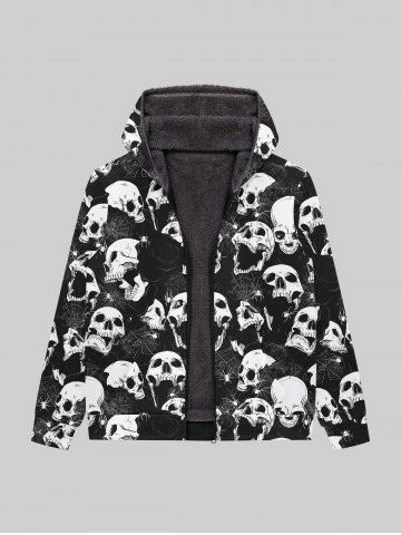 Gothic Skulls Spider Web  Rose Flower Print Zip Up Pockets Fleece Lining Hoodie For Men - BLACK - 3XL