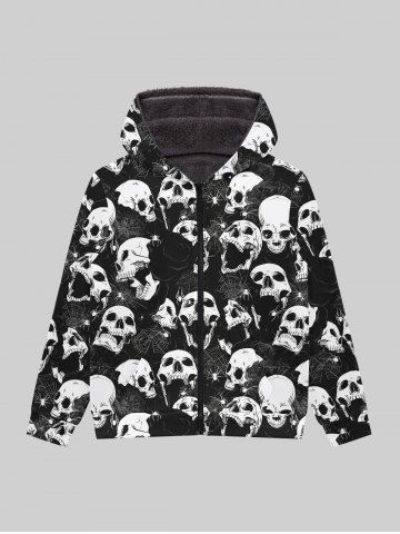 Gothic Skulls Spider Web Rose Flower Print Zip Up Pockets Fleece