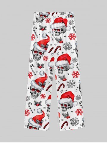 Gothic Christmas Hat Skulls Candy Snowflake Heart Fruit Print Drawstring Wide Leg Sweatpants For Men - WHITE - XL