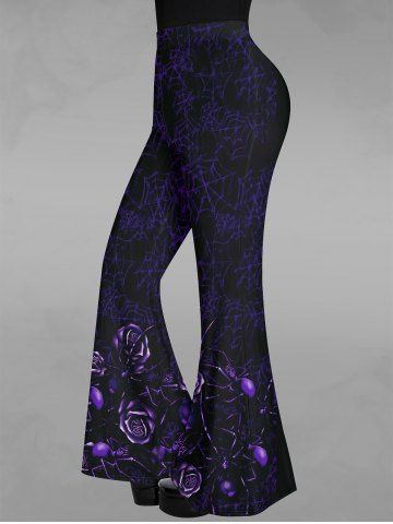 Gothic Christmas 3D Glitter Rose Flower Spider Web Print Pull On Flare Pants - BLACK - L