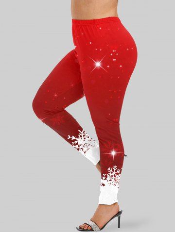 Plus Size Christmas Glitter Sparkling Stars Snowflake Print Ombre Skinny Leggings - RED - 2X