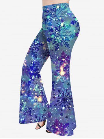 Plus Size Christmas Galaxy Snowflake Ombre Glitter 3D Print Flare Disco Pants - PURPLE - L