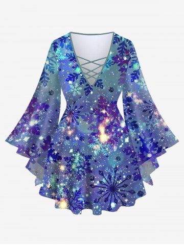 Plus Size Christmas Snowflake Ombre Galaxy Glitter 3D Print Lattice Crisscross Flare Sleeve T-shirt - PURPLE - S