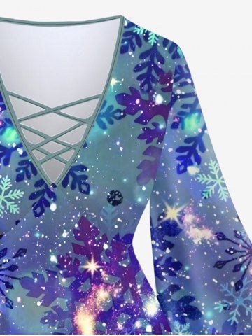 Plus Size Christmas Snowflake Ombre Galaxy Glitter 3D Print Lattice Crisscross Flare Sleeve T-shirt