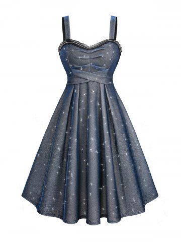 Plus Size Floral Lace Trim Ruched Crisscross Sparkling Sequin Glitter Tank Party Dress - BLUE - 4X | US 26-28