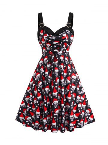 Christmas Cap Skull Allover Print Lace Up A Line Dress - BLACK - S | US 4