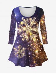 Plus Size Christmas Galaxy Colorblock Snowflake Sparkling Sequin Glitter 3D Print Long Sleeve T-shirt - Pourpre  3X
