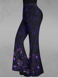 Gothic Christmas 3D Glitter Rose Flower Spider Web Print Pull On Flare Pants -  