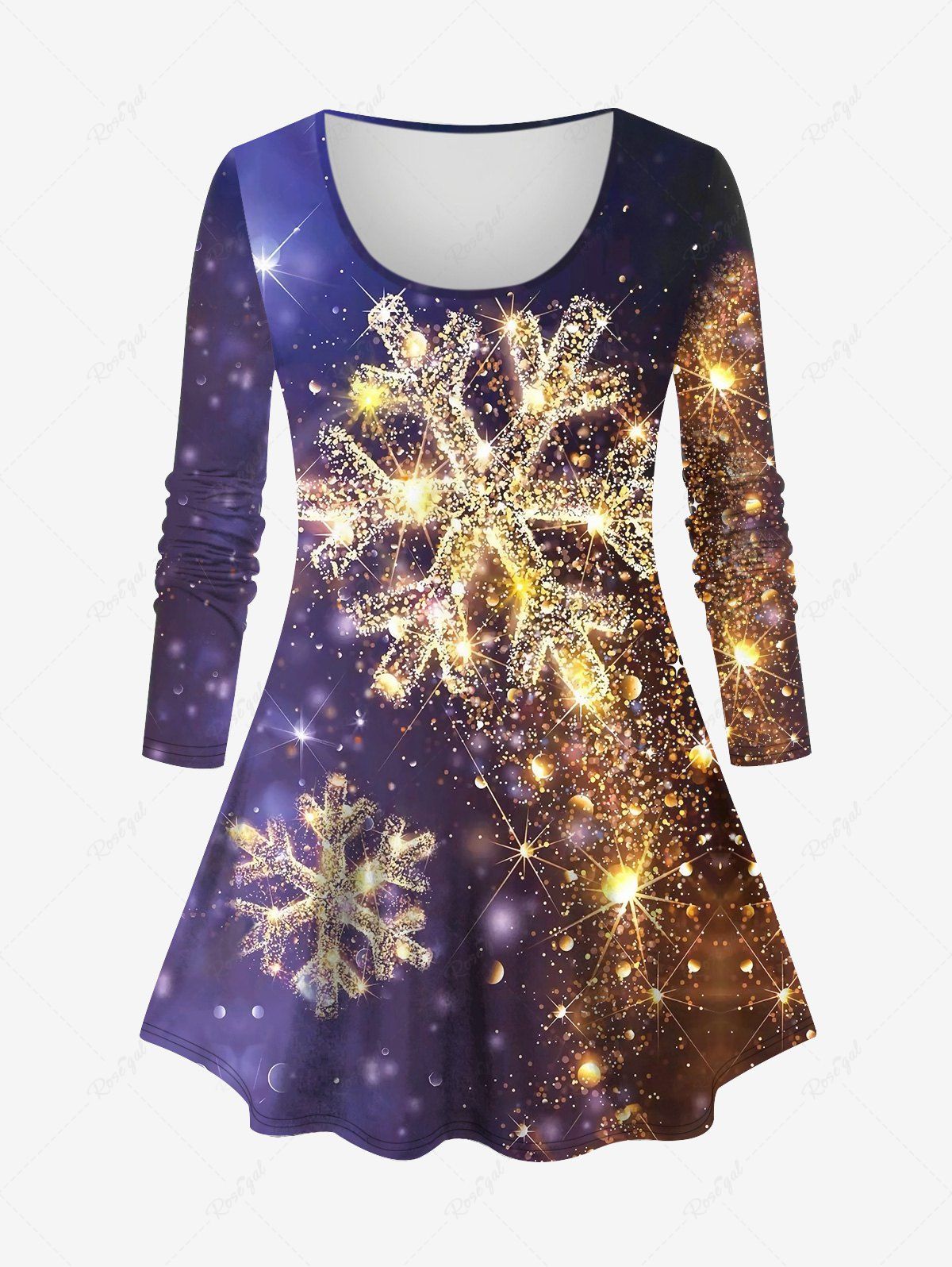 Plus Size Christmas Galaxy Colorblock Snowflake Sparkling Sequin Glitter 3D Print Long Sleeve T-shirt Pourpre  6X