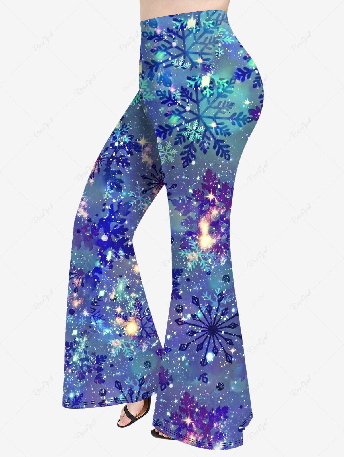 Pantalon Évasé Ombré à Imprimé Galaxie et Flocon de Neige de Noël Disco Grande Taille Pourpre  2X
