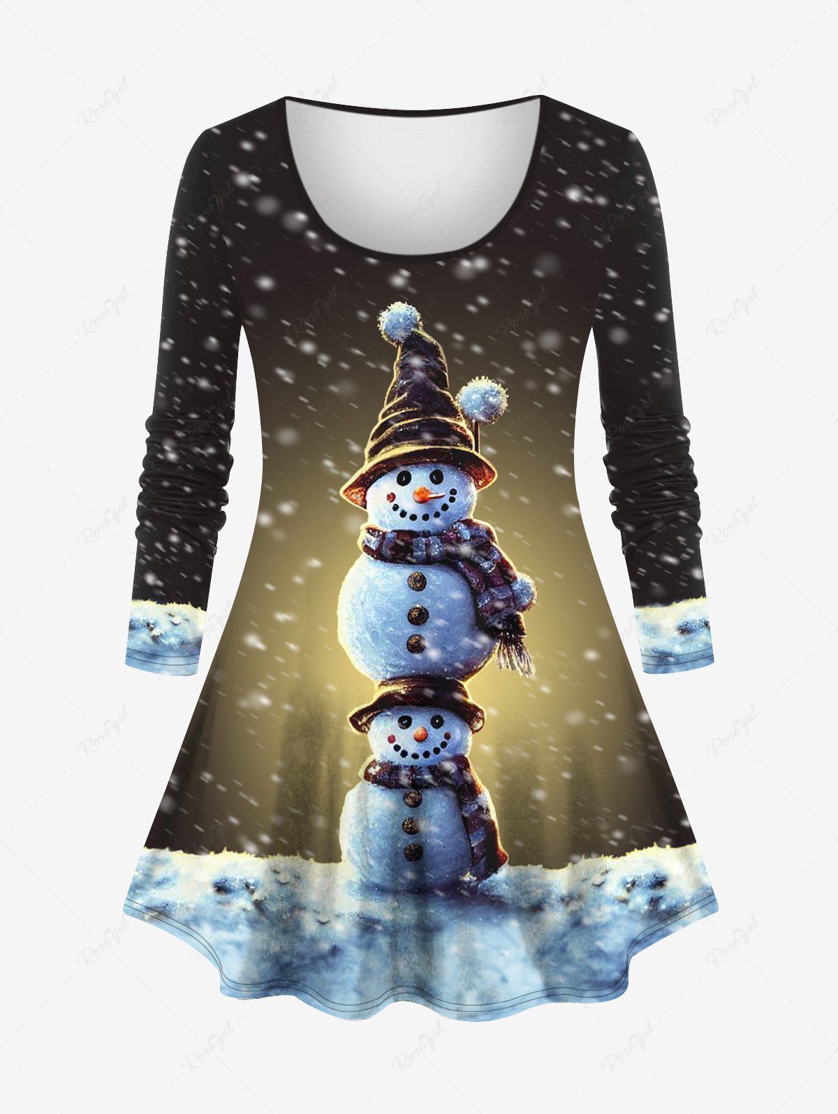 Unique Plus Size Christmas Cute Snowman Snowflake Print Ombre Long Sleeves T-shirt  