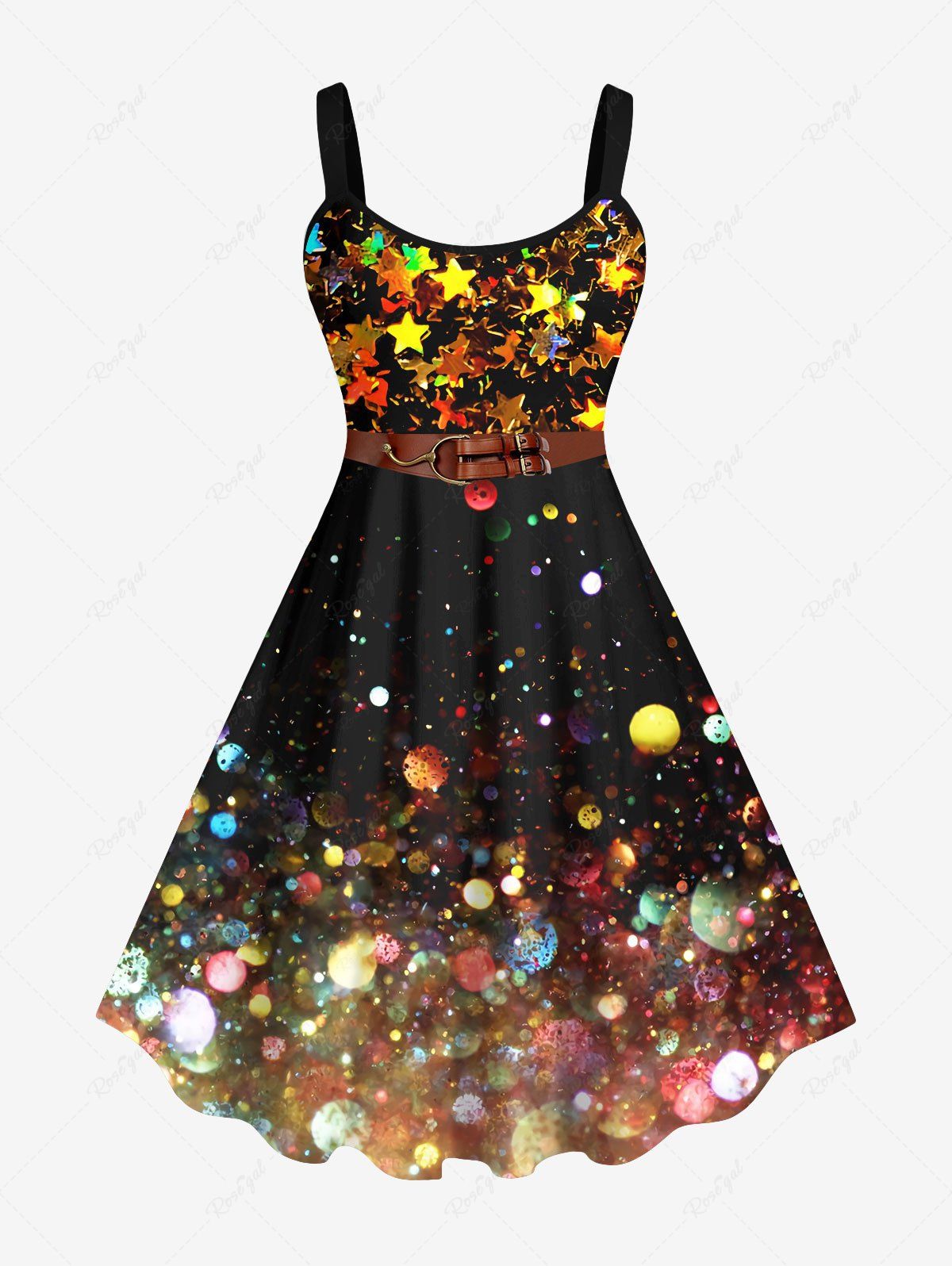 Trendy Plus Size Galaxy Bubble Stars Sparkling Sequin Glitter Belt 3D Print Tank Party Dress  