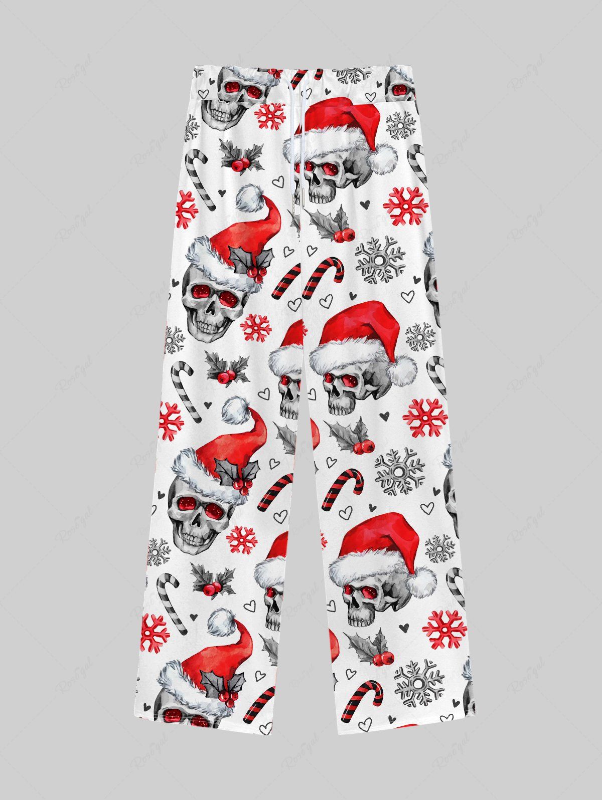 Online Gothic Christmas Hat Skulls Candy Snowflake Heart Fruit Print Drawstring Wide Leg Sweatpants For Men  
