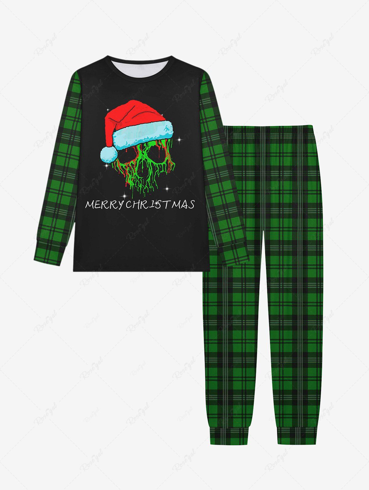 Online Gothic Christmas Hat Skull Plaid Print Long Sleeve T-shirt and Jogger Pants Pajama Set For Men  