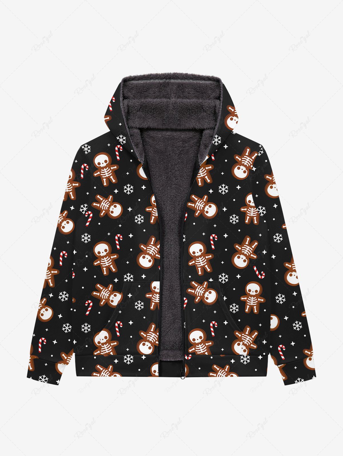 New Gothic Christmas Gingerbread Man Skeleton Skull Candy Snowflake Star Print Zip Up Pockets Fleece Lining Hoodie For Men  