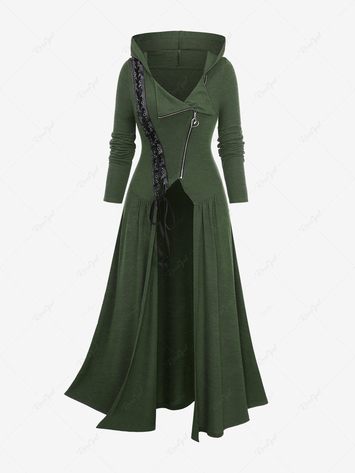 Manteau à Capuche Asymétrique Superposé Zippé Grande Taille à Lacets à Œillet Vert profond 3X | US 22-24