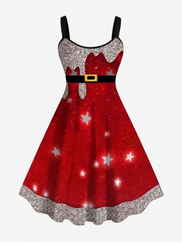 Plus Size 3D Glitter Galaxy Stars Sequins Belt Print Christmas A Line Tank Party Dress - DEEP RED - L