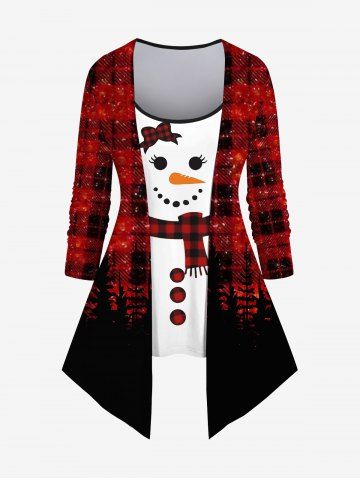 Plus Size Glitter Christmas Tree Snowman Plaid Bowknot Print Patchwork 2 in 1 Long Sleeves Top - DEEP RED - 1X