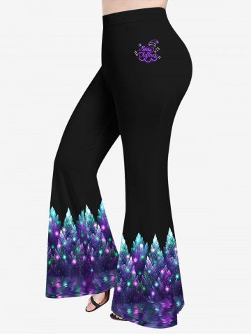 Plus Size Christmas Tree Hat Star Letters Glitter 3D Print Flare Disco Pants - PURPLE - XS