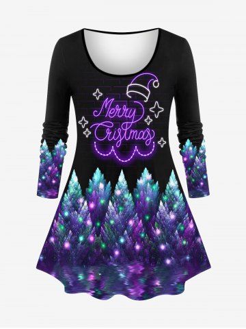 Plus Size Christmas Tree Hat Light Letters Glitter Star 3D Print Long Sleeve T-shirt - PURPLE - XS