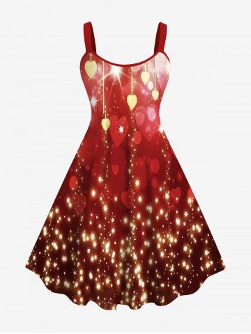 Plus Size Heart Tassel Sparkling Sequin Glitter 3D Print Tank Party Dress - DEEP RED - S