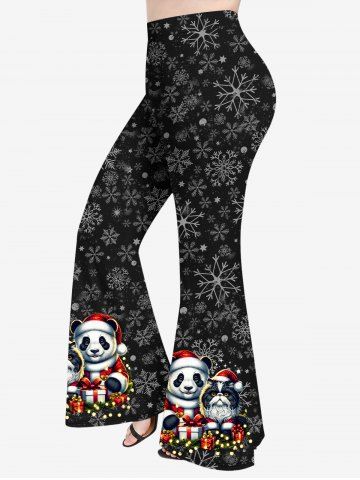 Plus Size Christmas Hat Light Panda Cat Snowflake Glitter 3D Print Flare Pants - BLACK - 1X