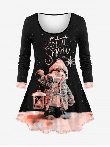 Plus Size Christmas Snowman Snowflake Light Glitter 3D Print Long Sleeve T-shirt - BLACK - S