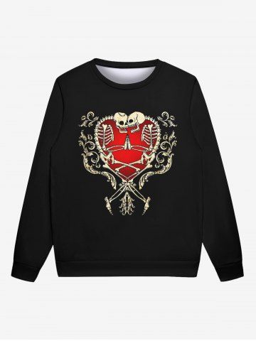 Gothic Heart Skeleton Skull Floral Graphic Print Sweatshirt For Men - BLACK - L