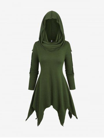 Plus Size Braided Long Sleeve Topstitching Hooded Asymmetrical Top - DEEP GREEN - M | US 10