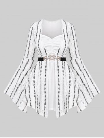 Plus Size Bell Sleeves Hollow Out Heart Rhombus Black and White Striped Ruched Patchwork 2 in 1 Top with Butterfly Buckle Belt - WHITE - M | US 10