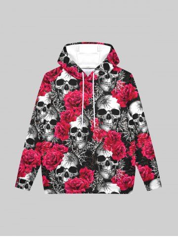 Gothic Skulls Rose Flower Spider Web Print Fleece Lining Drawstring Hoodie For Men